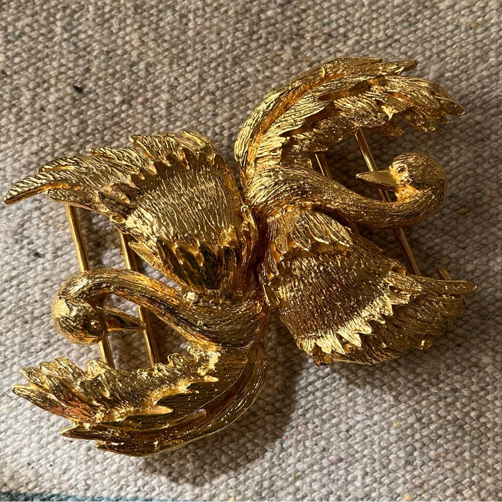 Vintage Mimi Di N Niscemi Swans Gold Tone Belt Buckle 1970s Signed Birds Rare